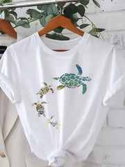 Plus Size Women's Turtle Print T-Shirt White Short Sleeve Crew Neck Casual Tee