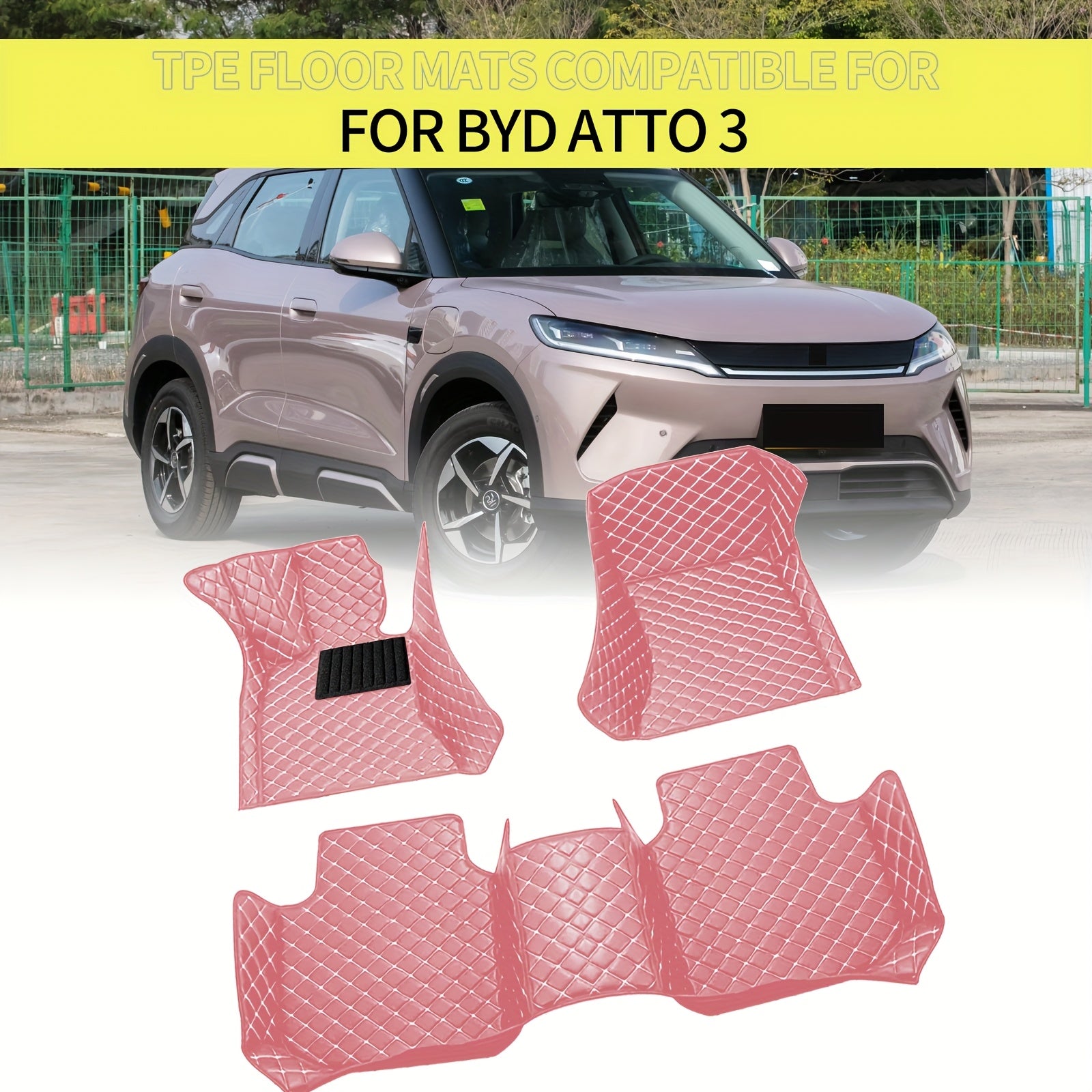 Pink PU Leather Car Floor Mats for SUV Diamond Pattern Waterproof Non-Slip