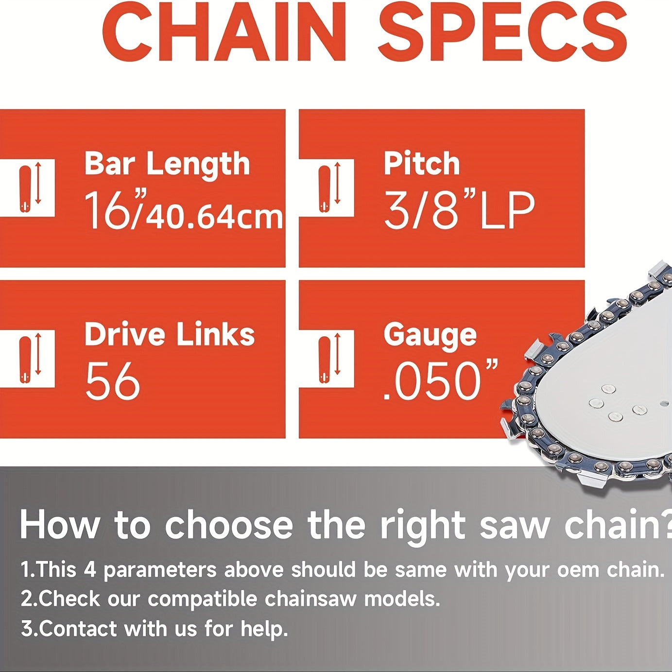 4pcs 16-Inch Chainsaw Chain 3/8 Inch LP Pitch .050 Gauge 56 Drive Links