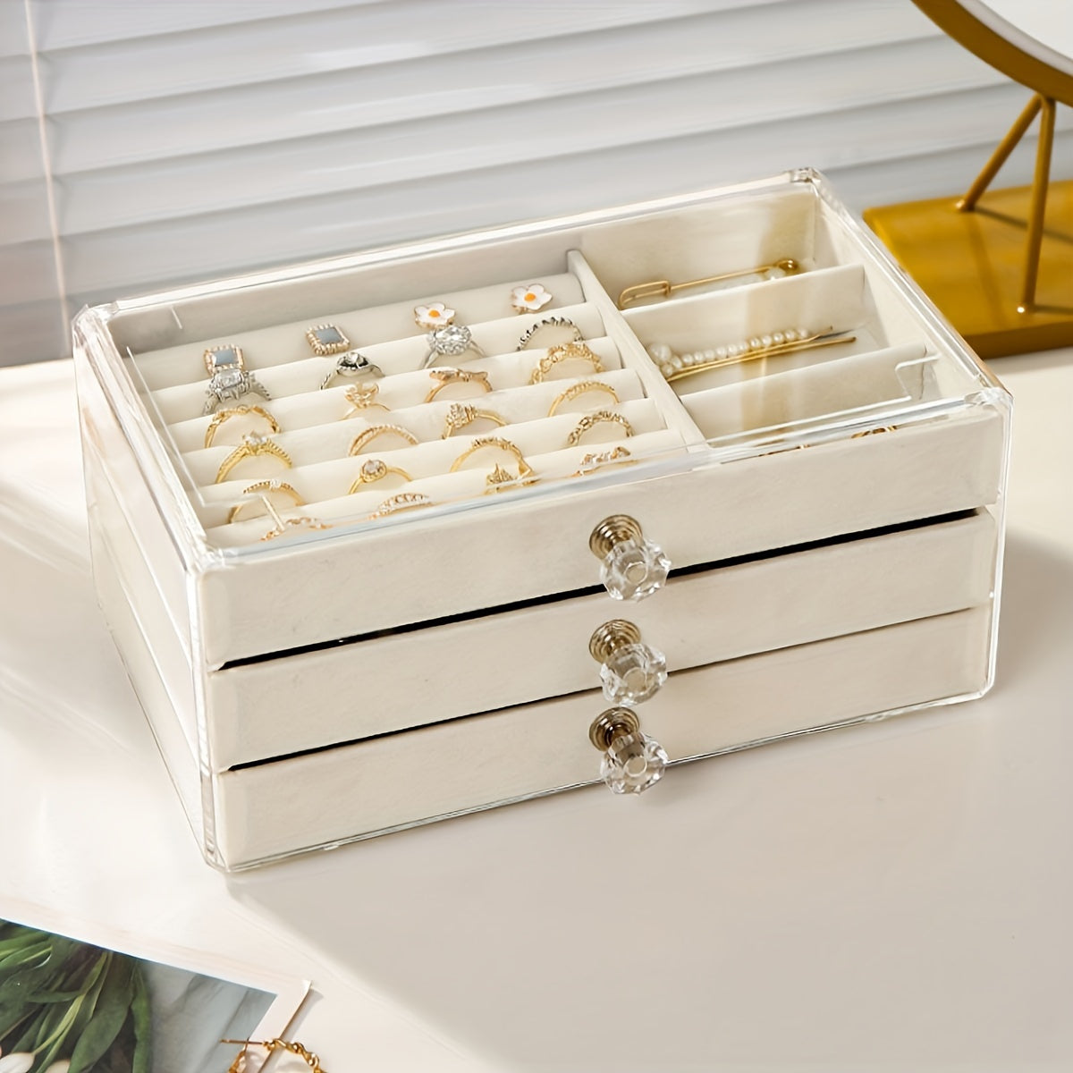 Organizador de joyería de madera grande con 3 capas para pendientes, anillos, collares y pulseras