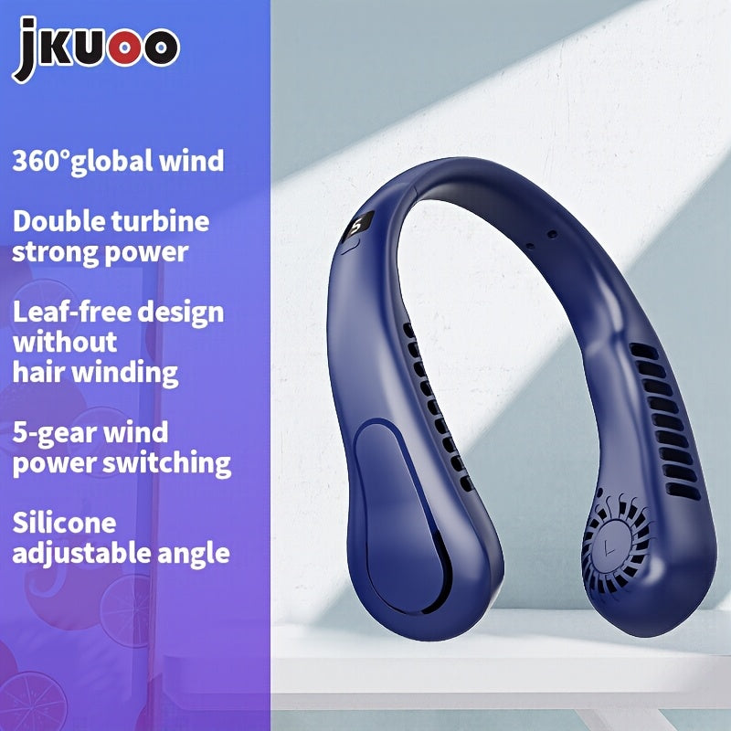 Portable Neck Fan with 5-Speed Strong Wind USB Rechargeable Lithium Battery Adjustable Silicone Strap Outdoor Travel Sports