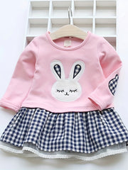 Girls' Long Sleeve Cotton Dress with Rabbit Embroidery Pink Princess Skirt Checkered Pattern Lace Trim for Girls