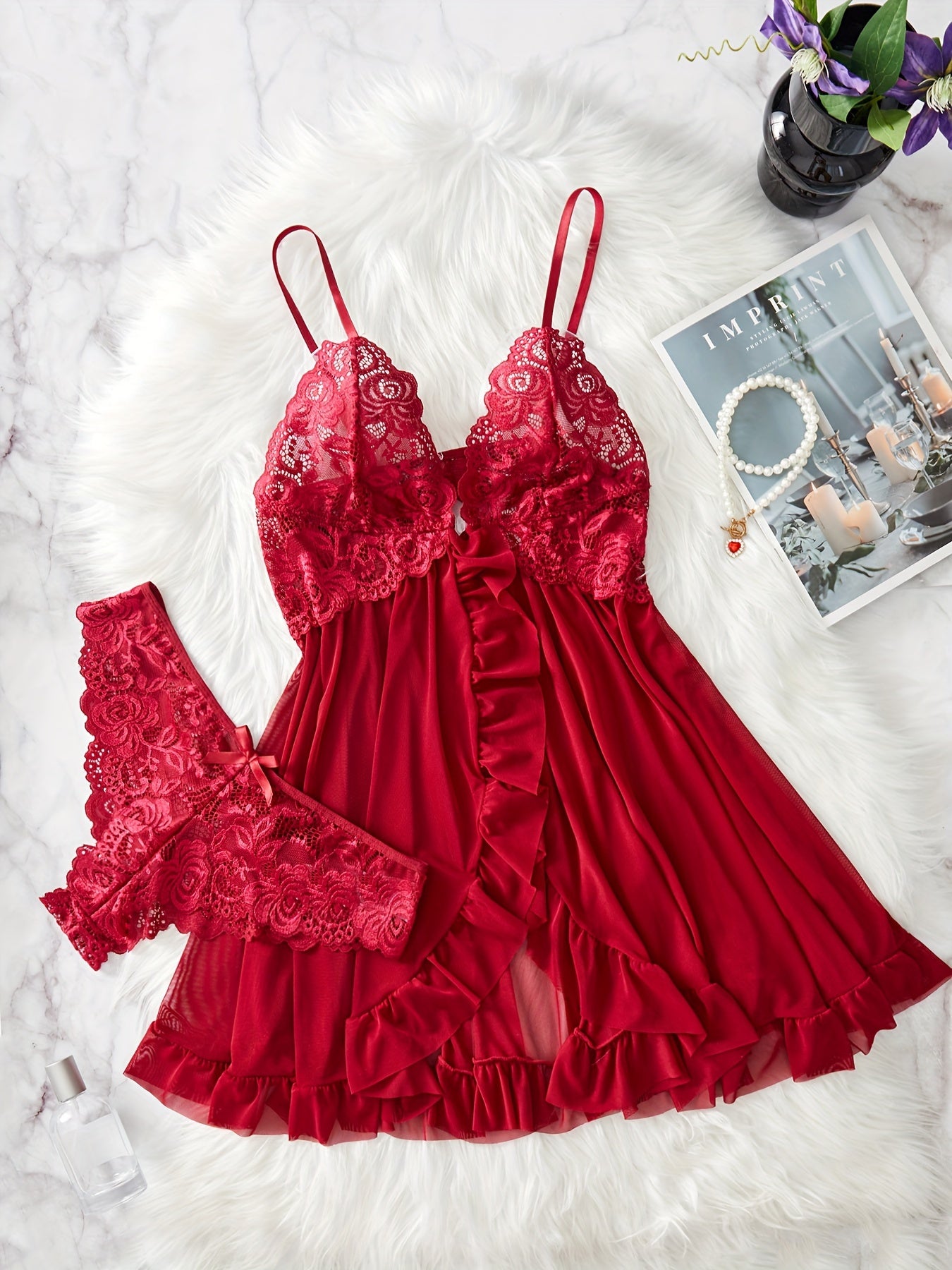 Women’s Lace Ruffle Lingerie Set with Deep V Slip Dress and Thong