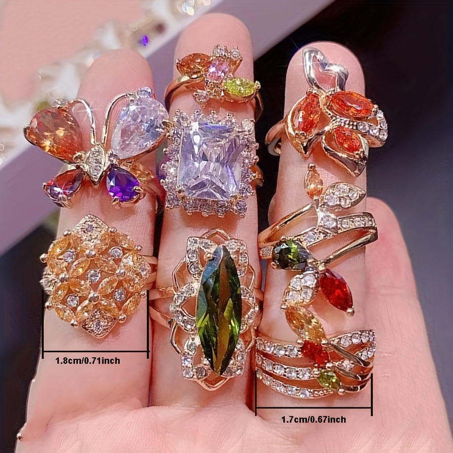 10-Piece Cubic Zirconia Ring Set for Women Floral Design Copper Alloy Elegant Jewelry