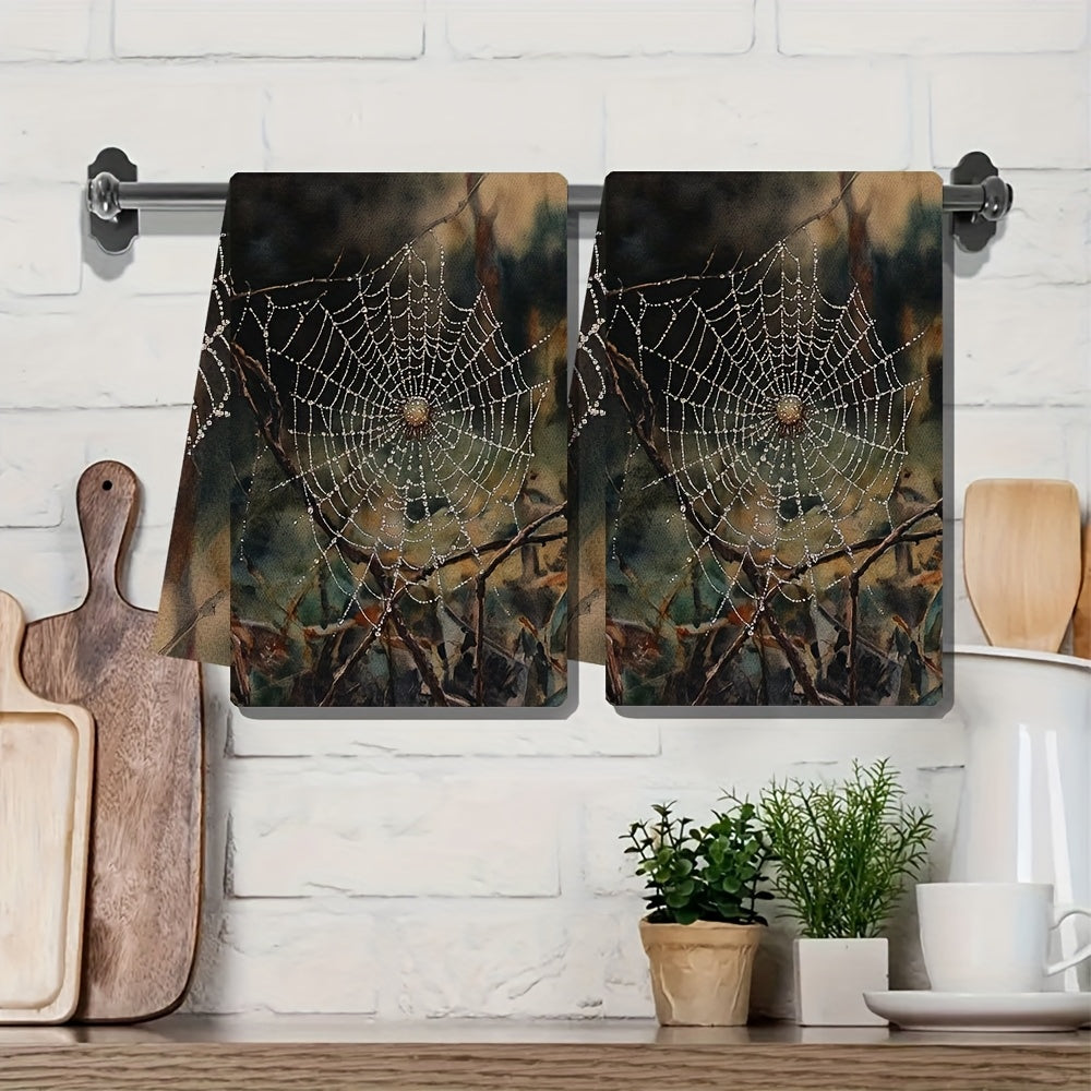Set of 2 Ultra Plush Kitchen Towels Dewy Spider Web Design 40x60 cm Absorbent