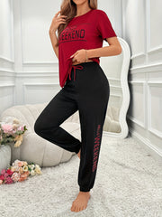 Women's Pajama Set Polyester Spandex Crew Neck Tie Front Alphabet Print All Seasons