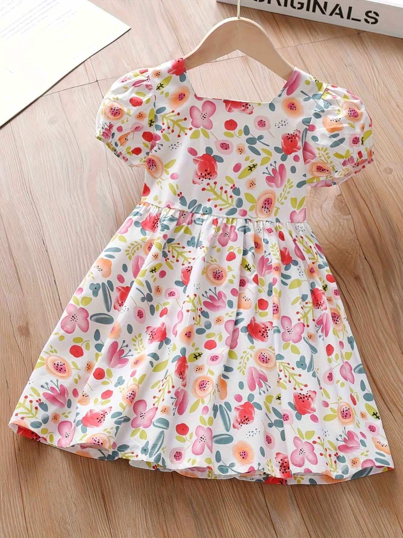 Girls Summer Dress with Floral Print and Puff Sleeves Knee High Casual Clothing