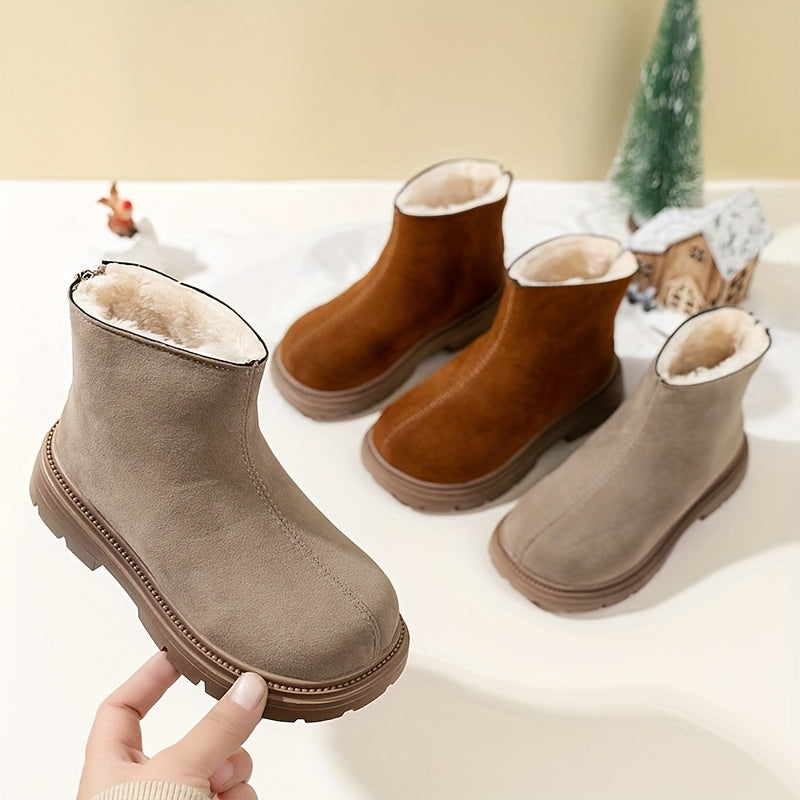 Kids Winter Ankle Boots with Plush Lining, Brown Fabric, Side Zipper, Casual Snow Booties
