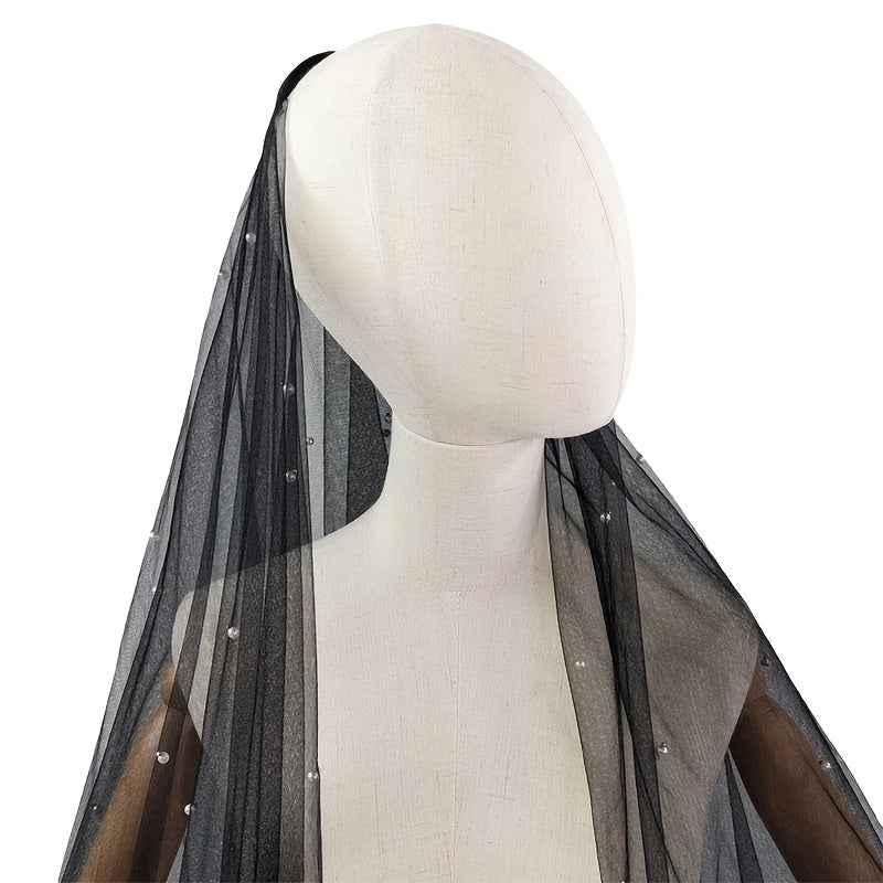 Black Beaded Bridal Veil with Minimalist Design for Wedding