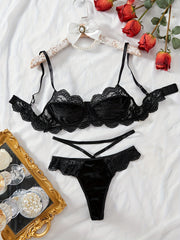 Women's Lace and Velvet Patchwork Lingerie Set with Steel Ring and Gathering Button