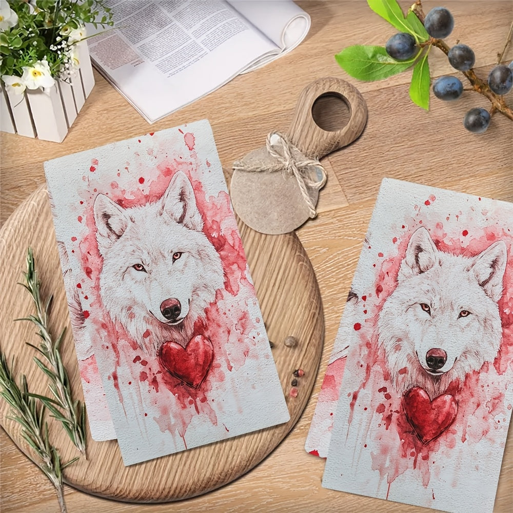 Qizil yurak bilan Valentine’s Day Wolfy dizayni bilan 2 ta oq oshxona sochiq to'plami