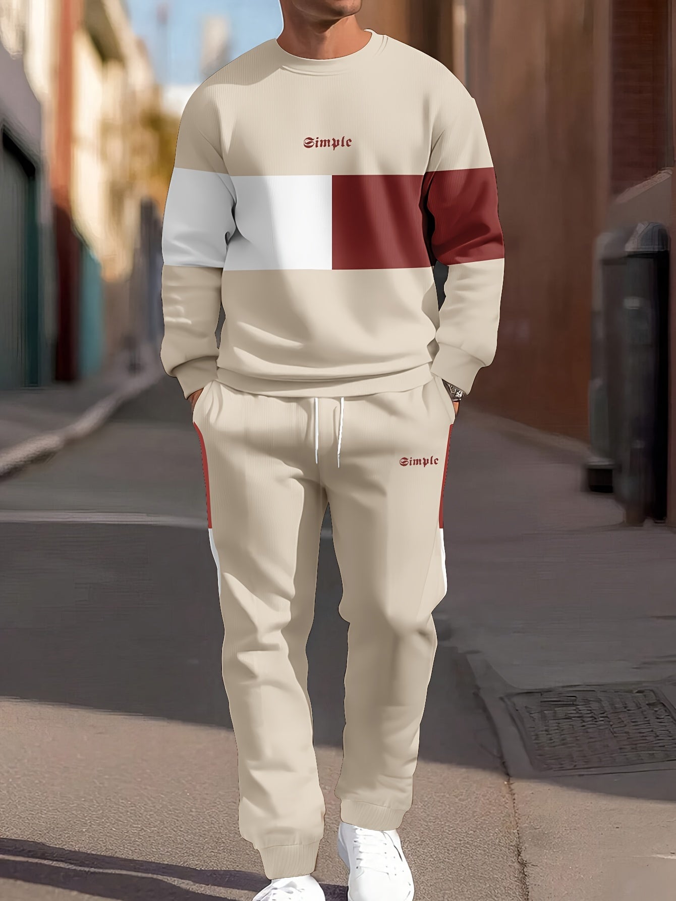 Men's Color Block Polyester Crew Neck Sweatshirt and Joggers Set for Spring and Fall