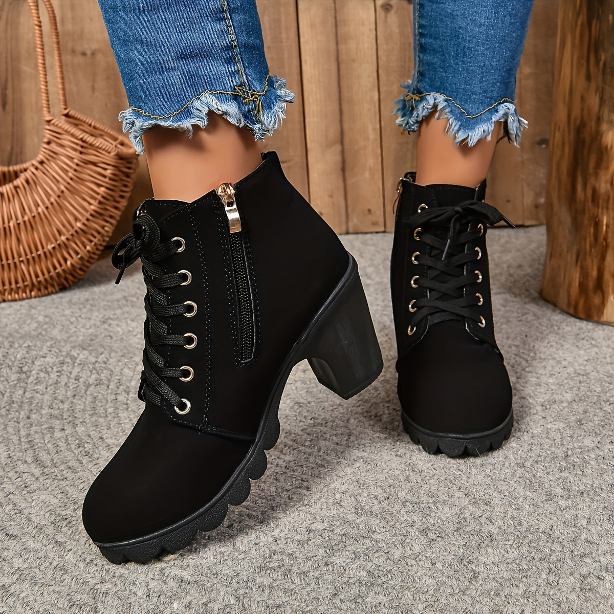 Women's Chunky Heel Ankle Boots Leather Side Zipper Casual Colors