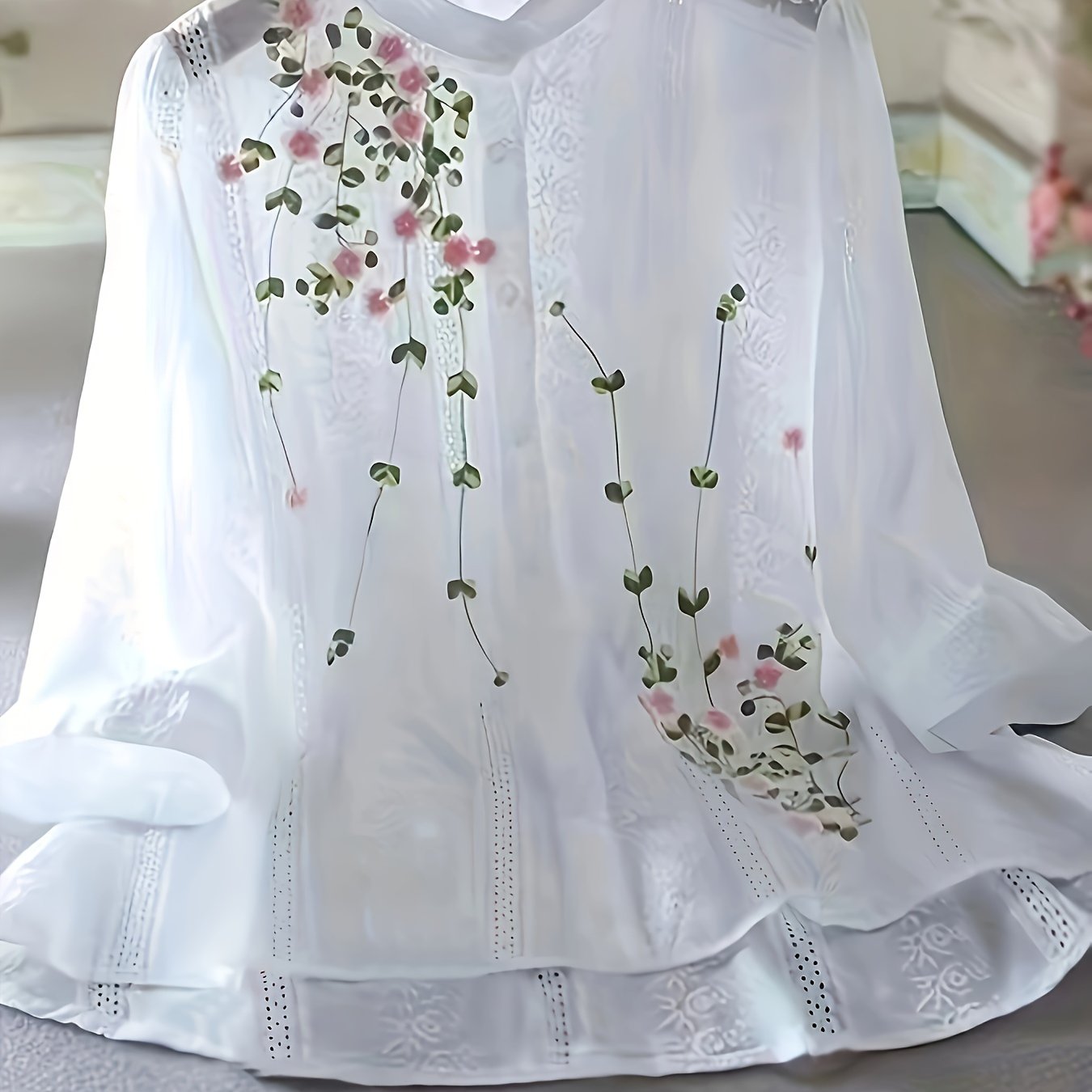 Women's Floral Sheer Polyester Blouse with Lace Details for Spring Summer