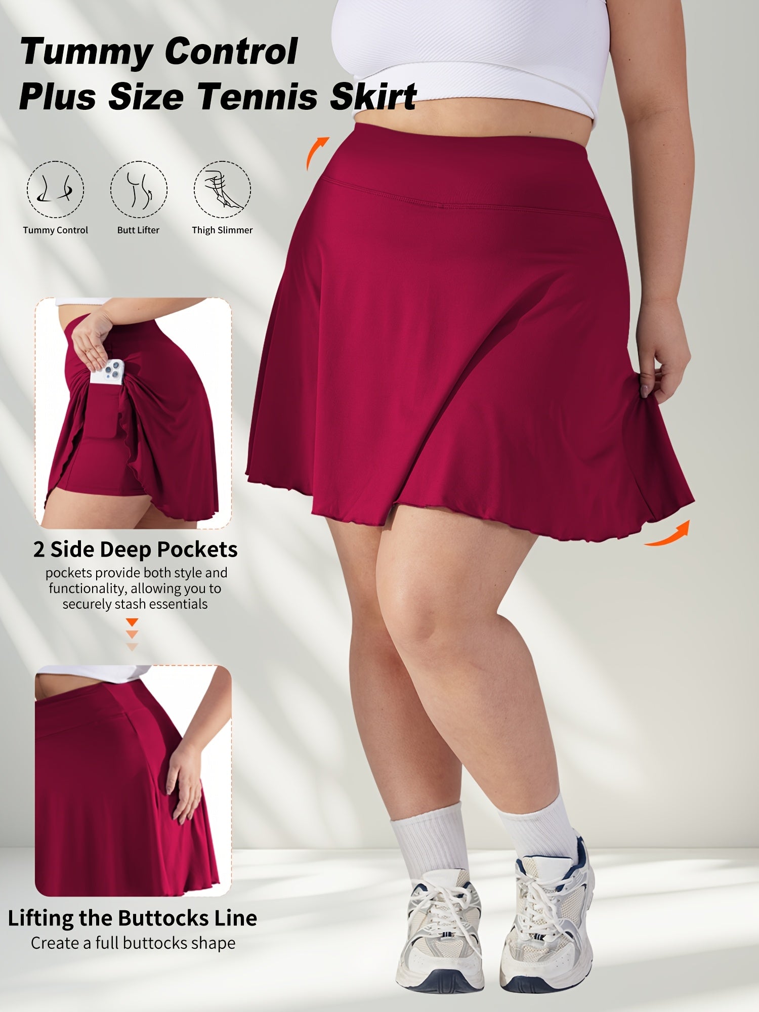 Plus Size Women's Tennis Skirt with Pockets, Green, High Stretch, Athletic Fit