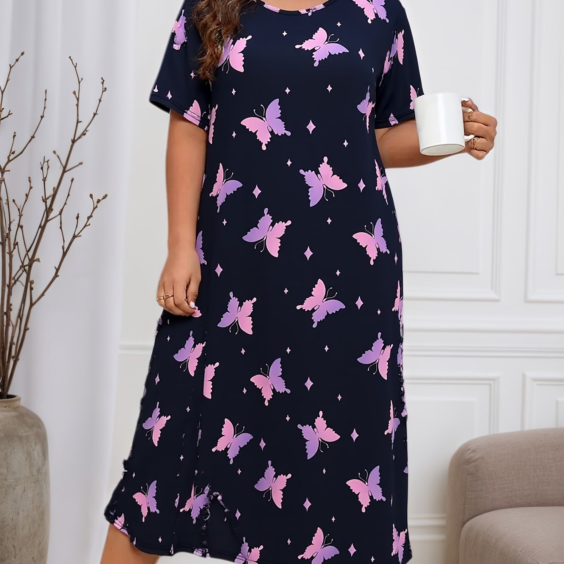 Женская пижама ночная с принтом бабочек, полиэстер, короткий рукав, для всех сезонов