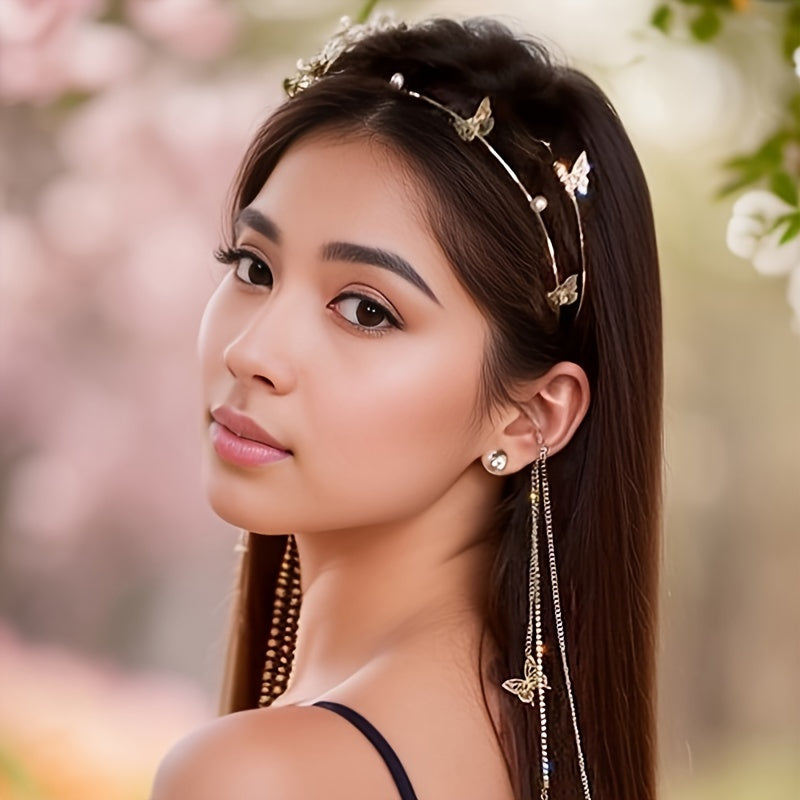 Faux Pearl Butterfly Headband with Tassel for Women Hair Accessory Stylish Jewelry