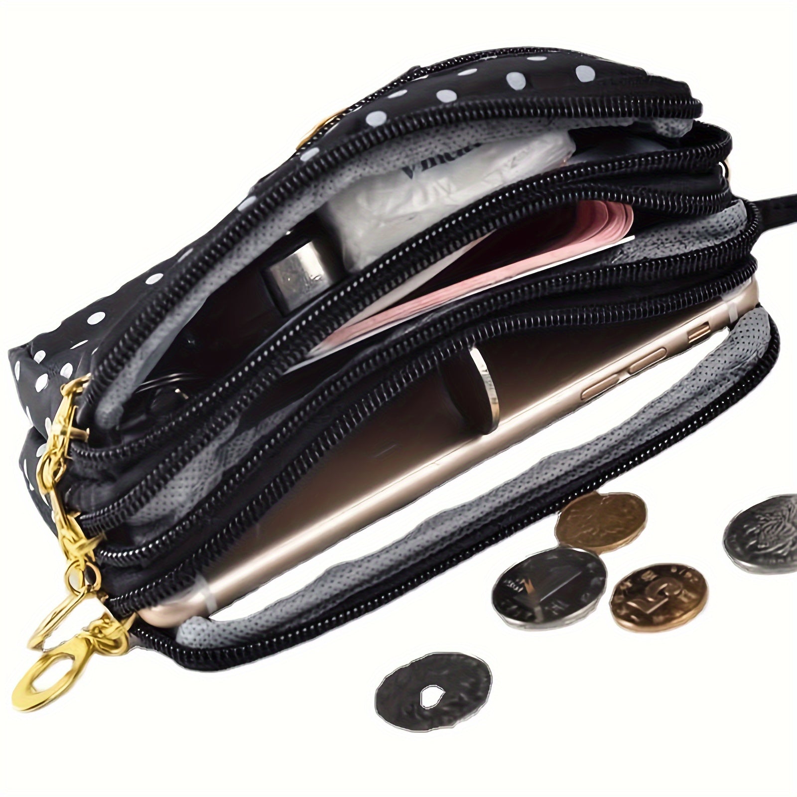 Women's Nylon Clutch Wallet with Polka Dot Pattern, Zipper Pockets, Mixed Colors