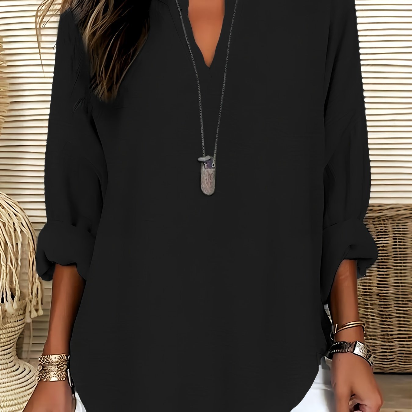 Women's V-Neck Blouse Long Sleeve Drop Shoulder Solid Polyester Spring Fall Casual