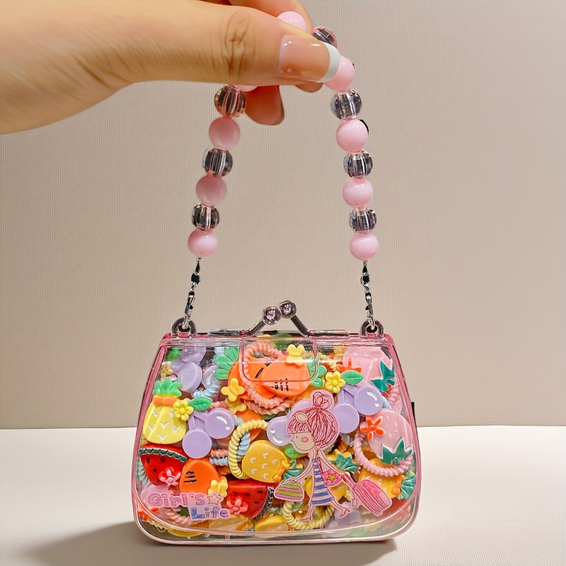 Qizlar uchun aralash ranglarda 20 ta qiziqarli multfilm soch bog'ichlari to'plami, pushti sun'iy marvaridli sovg'a qutisi bilan