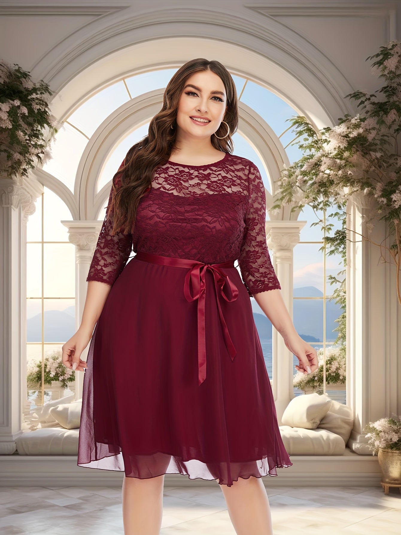 Plus Size Lace Tulle Wedding Dress A-Line Short Sleeve Maroon Formal Gown