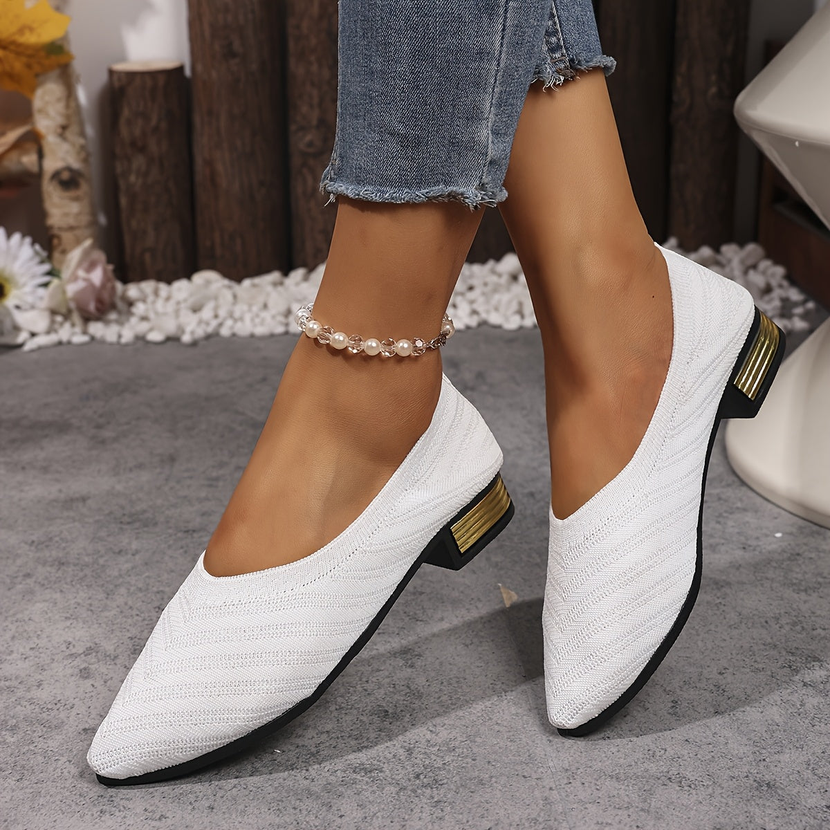 Women's Embroidered Flat Shoes - Pointed Toe, White, Breathable, All-Season