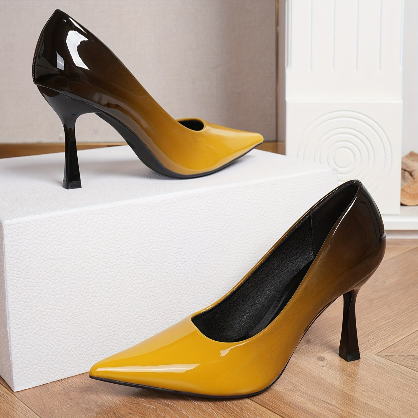 Women's Gradient Pointed Toe High Heels Yellow to Black Stiletto Pumps