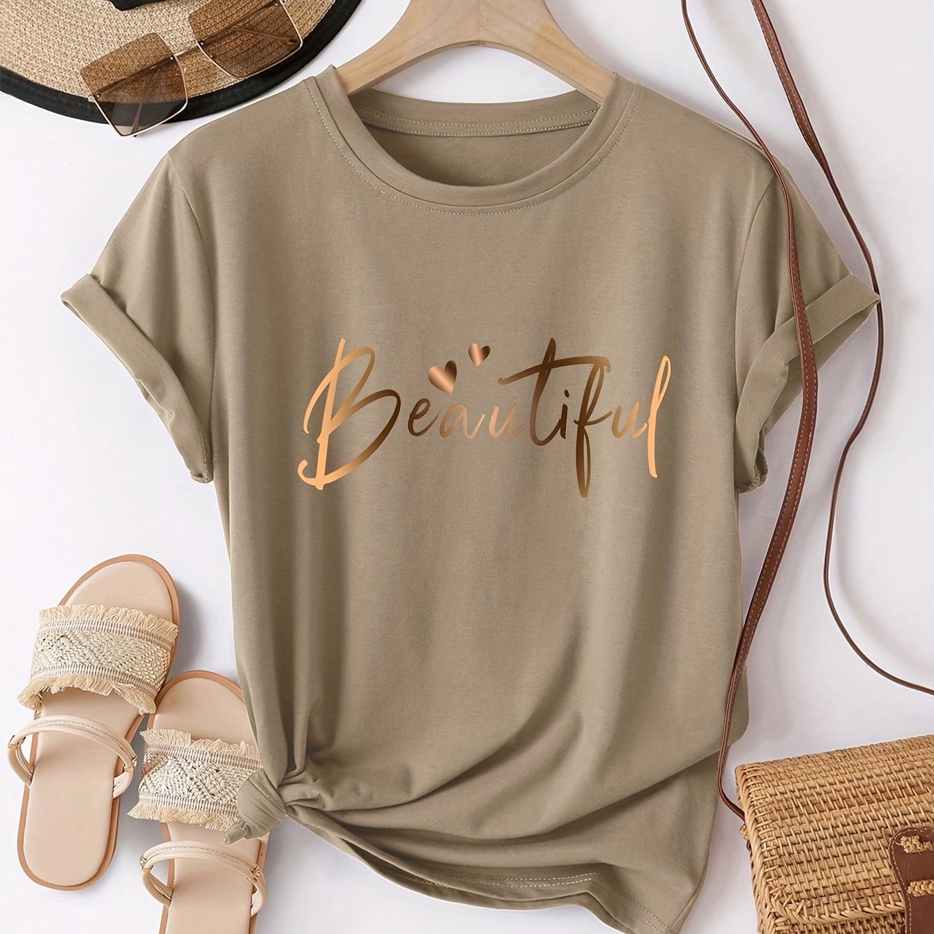 Women's Loose Fit Letter Print T-Shirt Crew Neck Short Sleeve Polyester Knit Spring Summer Autumn