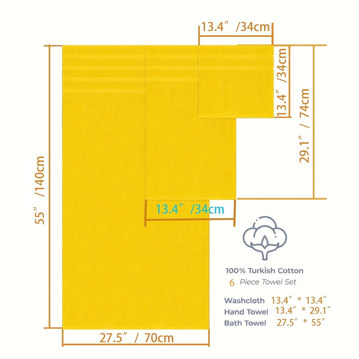 Absorbent Bath Towel Set 3/6 Pieces Bright Yellow for Hotel Home Travel