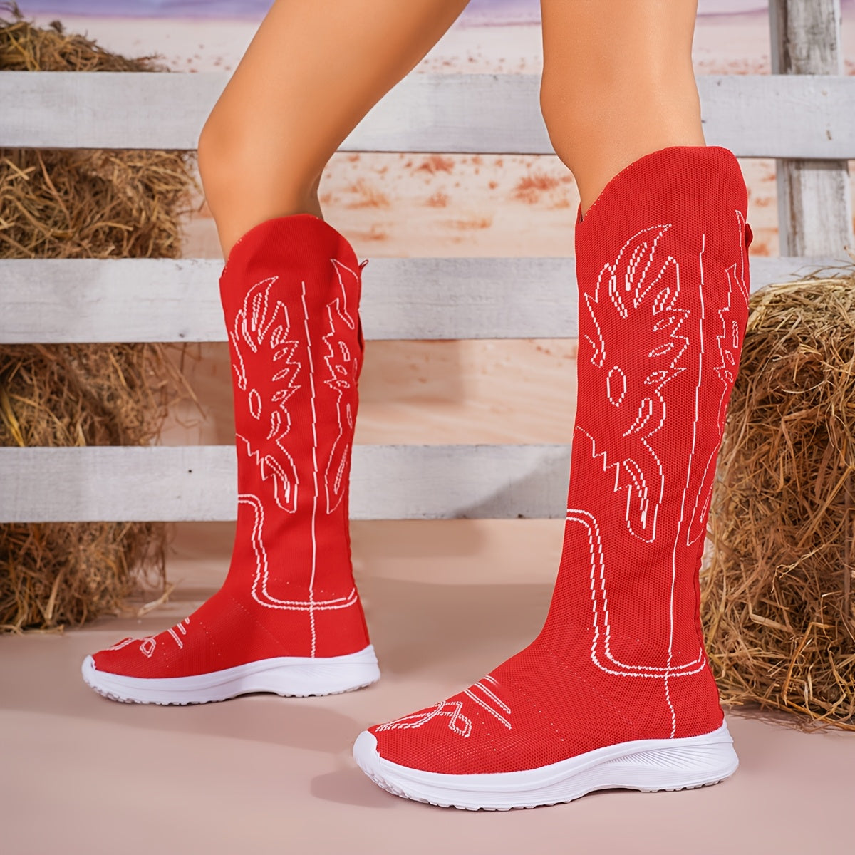 Women's Knee-High Winter Boots Fabric Snowflake Heel Cold Weather Footwear
