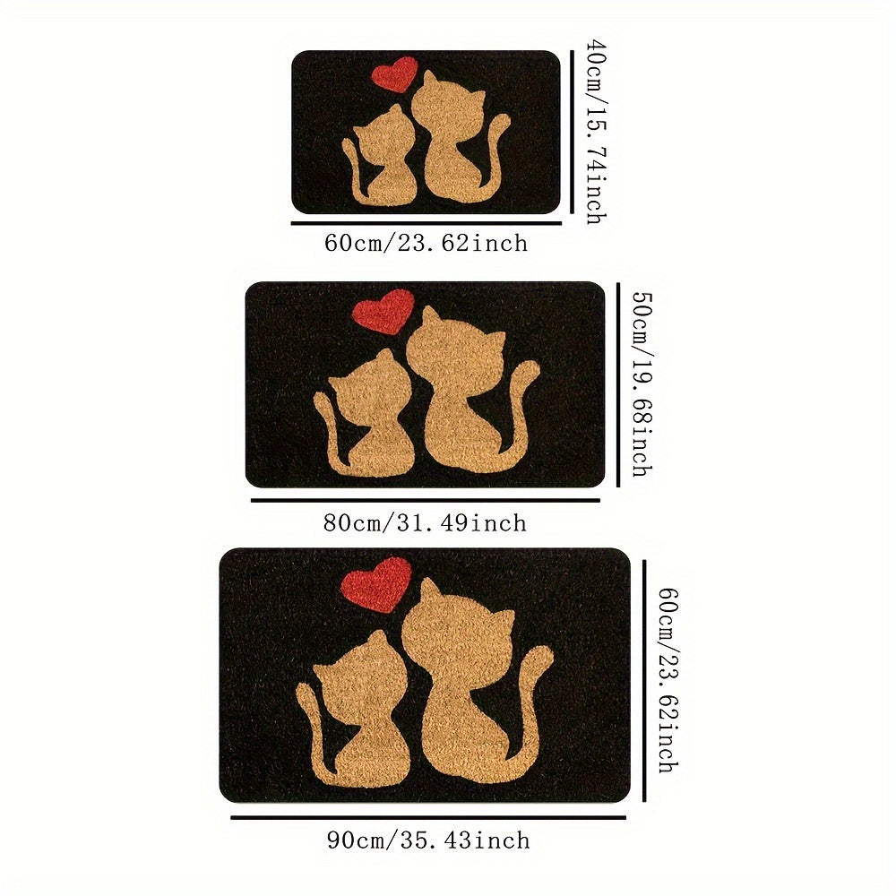 Heart Design Doormat with Cute Cat, Easy to Clean, Machine Washable, Rectangular Rug for Entryway