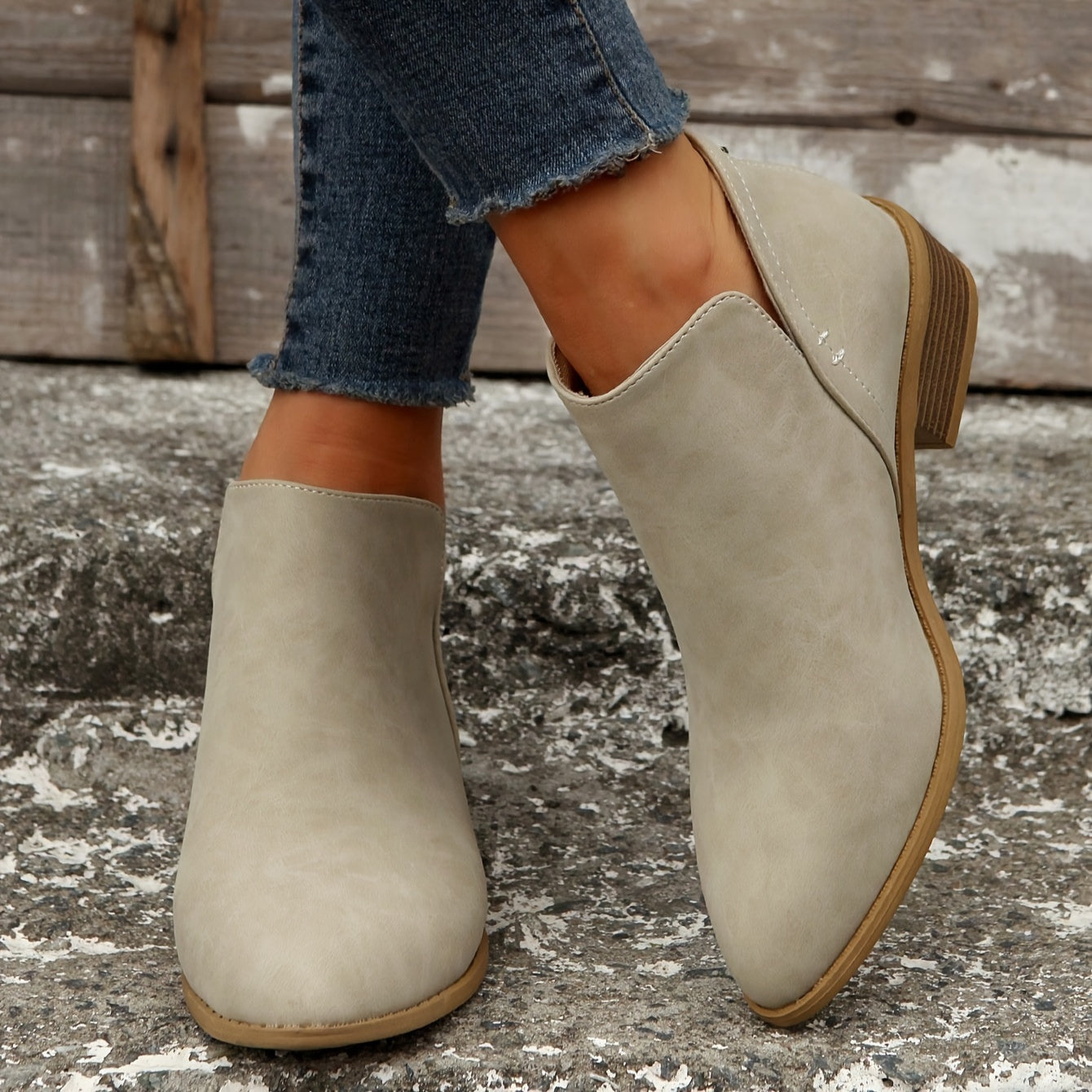 Women's Ankle Chunky Heel Boots Solid Color Pointed Toe Slip-On Low Heel