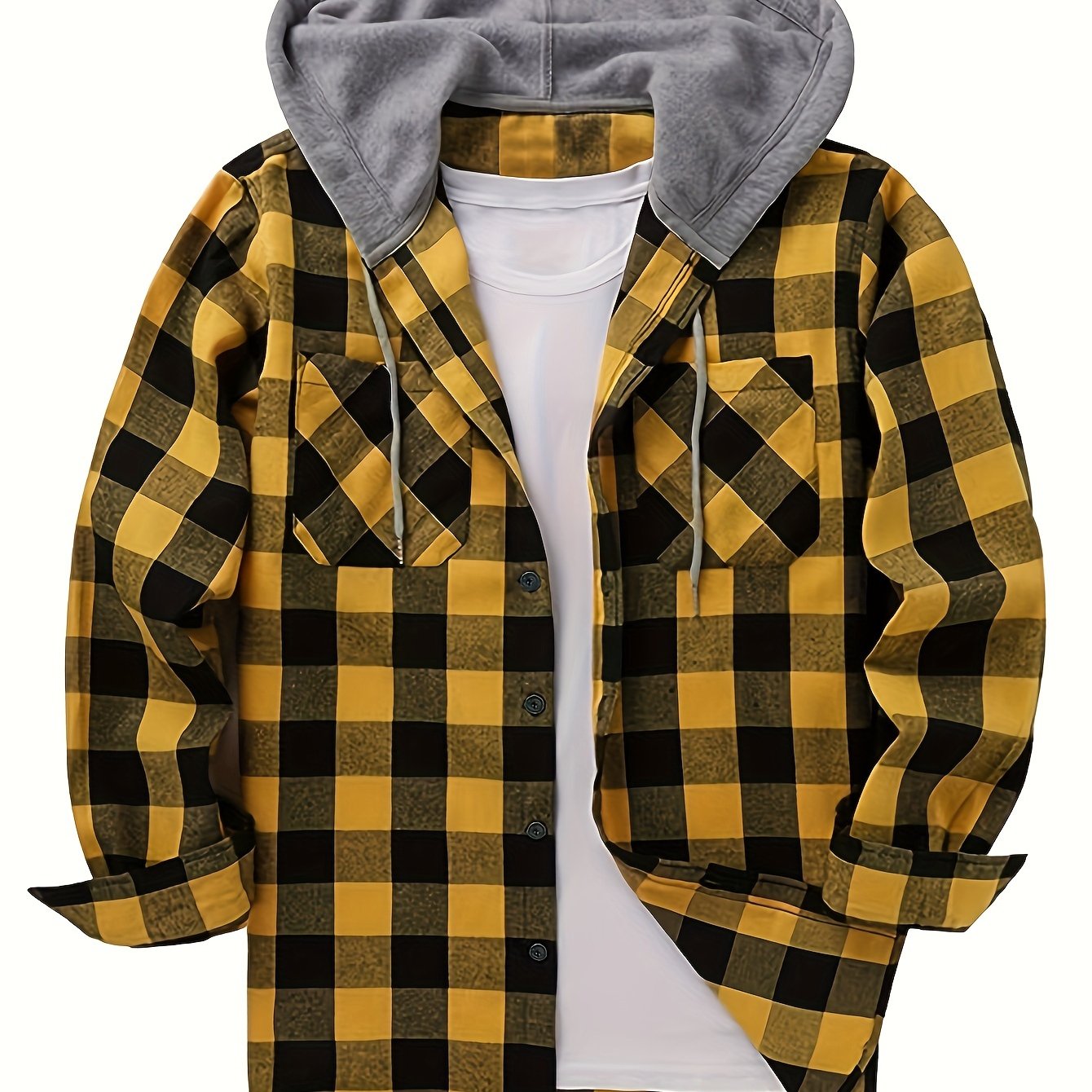 Men's Plaid Pattern Hoodie Jacket with Pockets Long Sleeve Casual Outdoor