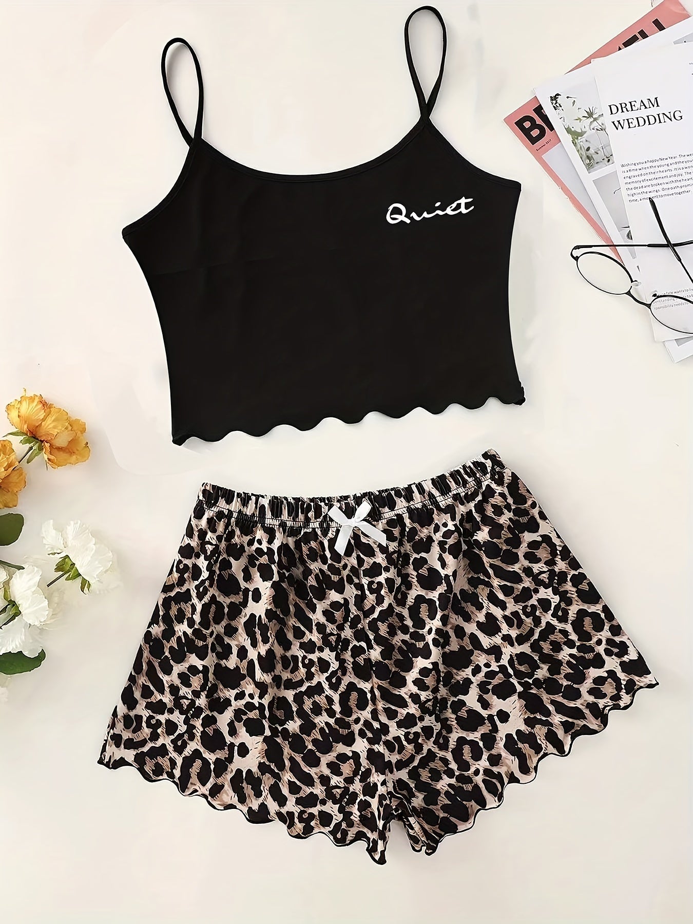 Leopard Print Pajama Set for Women with Frill Trim Crop Top and Shorts Summer Nightwear