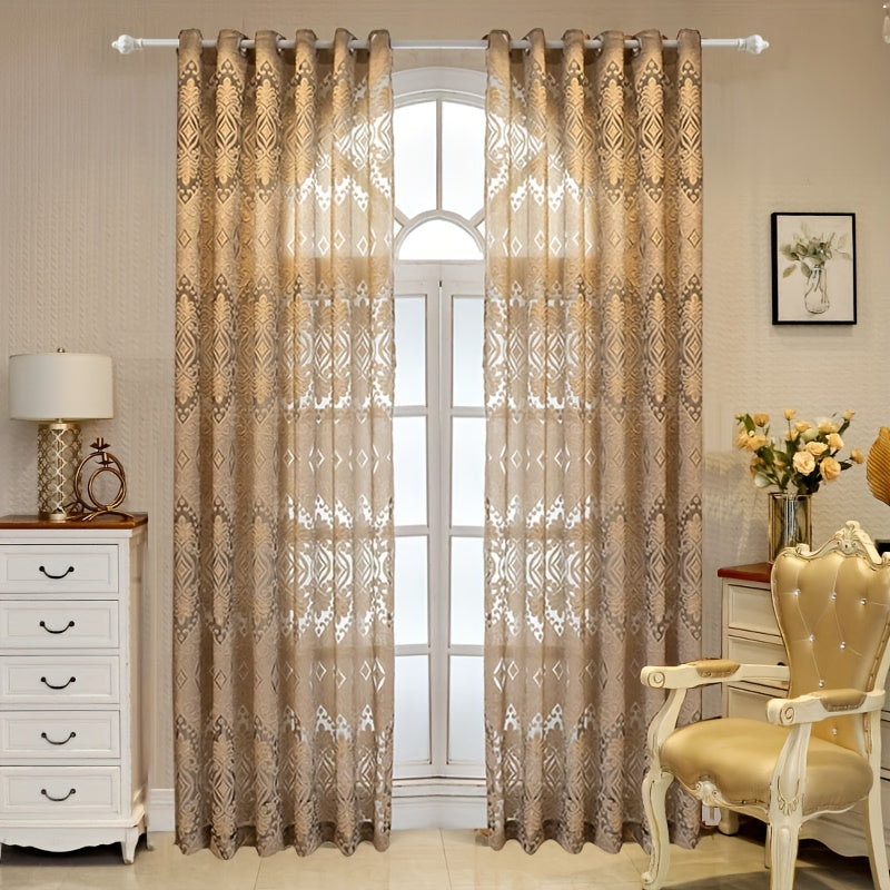 Sheer Curtains Set of 2 Brown and White European Villa Style Jacquard Embroidered for Living Room Bedroom