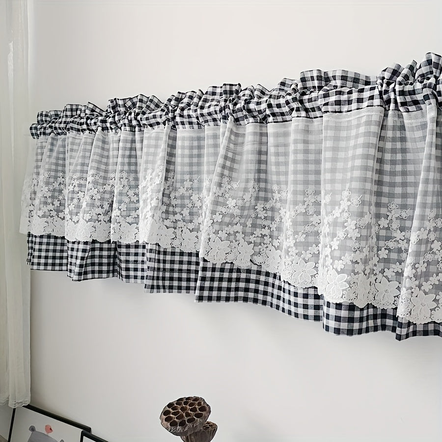 Blue Plaid Short Curtain with Lace Detailing and Rod Pocket for Living Room Kitchen Cafe