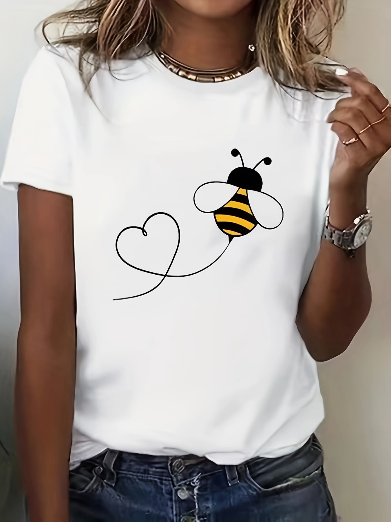 Women's Cotton Short Sleeve T-Shirt with Bee and Heart Print