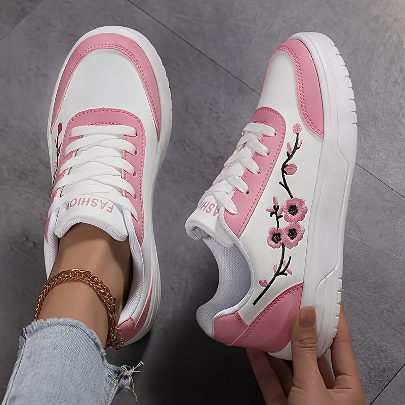 Women's Floral Embroidered Low-Top Sneakers White Pink Casual Breathable Fabric