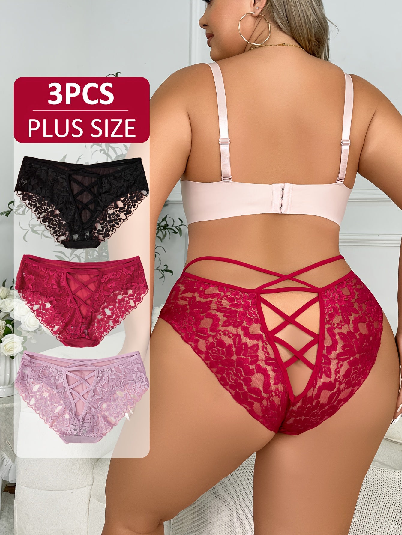Женский комплект сетчатых трусов плюс сайз, полупрозрачное белье с перекрестными ремешками, сексуальное нижнее белье