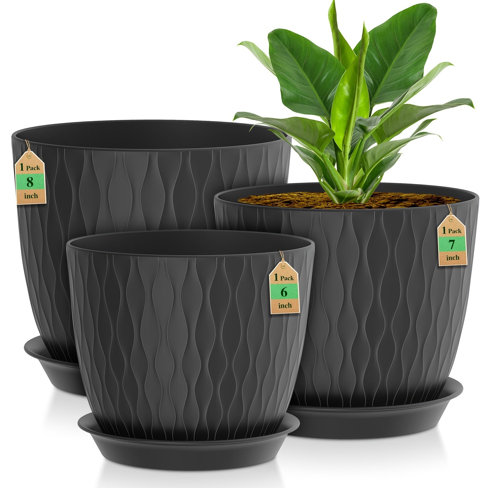 Set of Water Ripple Plastic Flower Pots with Drainage Holes for Indoor Outdoor Planting Large Medium Small