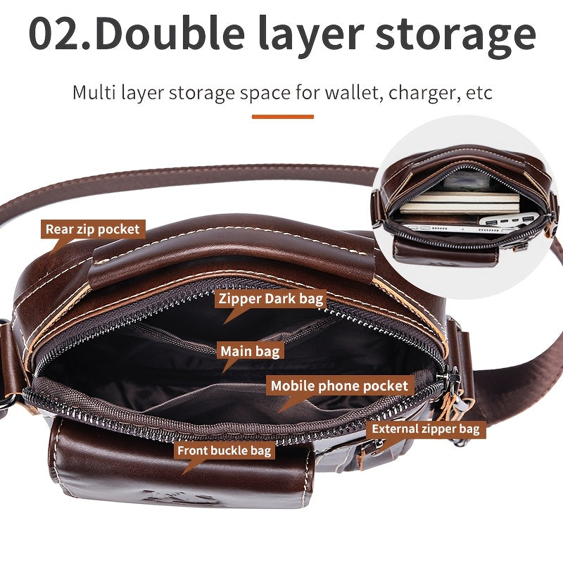 Men's Genuine Leather Crossbody Bag with Multi-Compartment Zipper Dark Brown