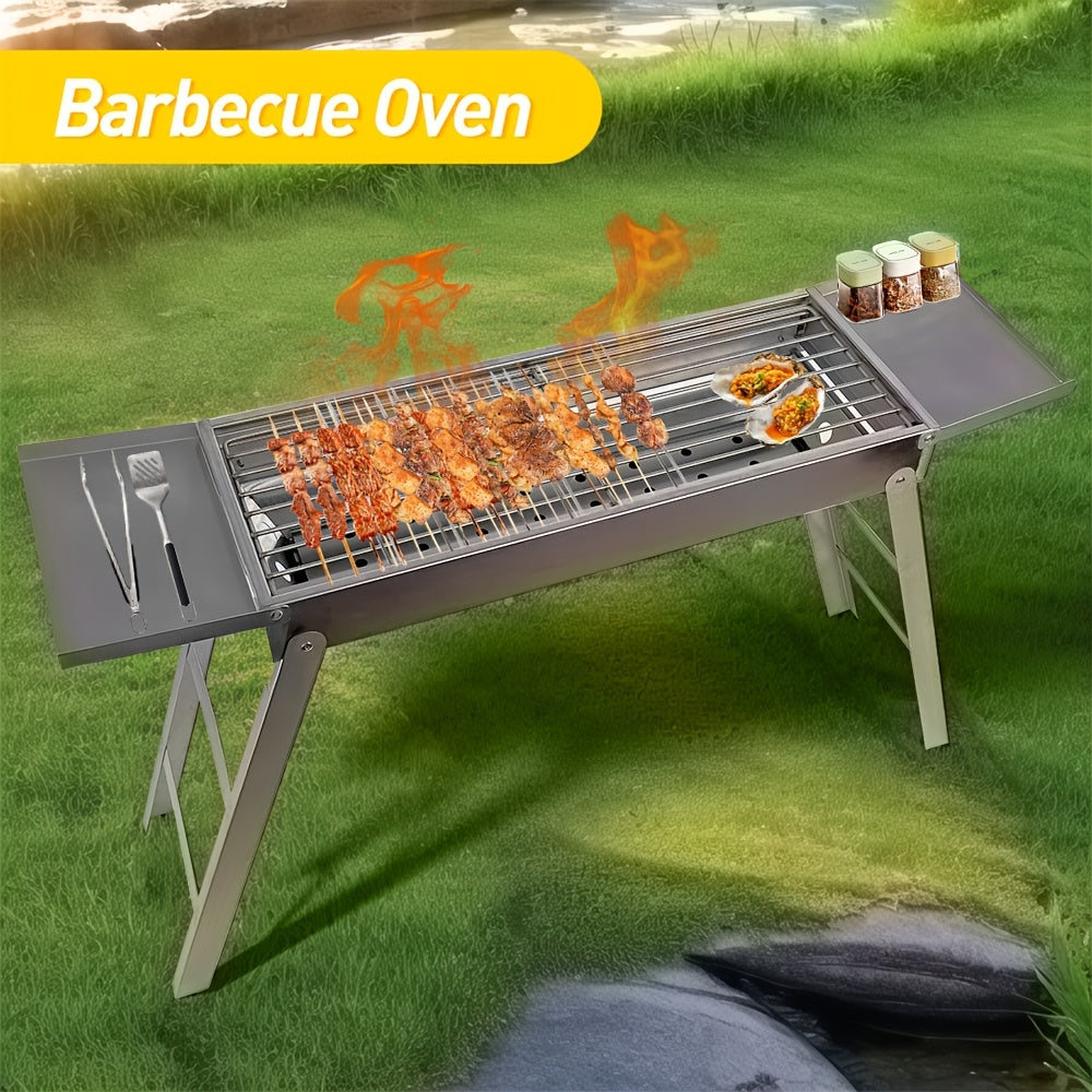 Stainless steeldan tayyorlangan portativ bukadigan barbekü grill, 23.62 dyuymli grill va ikki eshikli ziravorlar uchun idish. Qora saqlash sumkasi bilan ta'minlangan, ochiq havoda barbekü uchun 2-3 kishi uchun mos.
