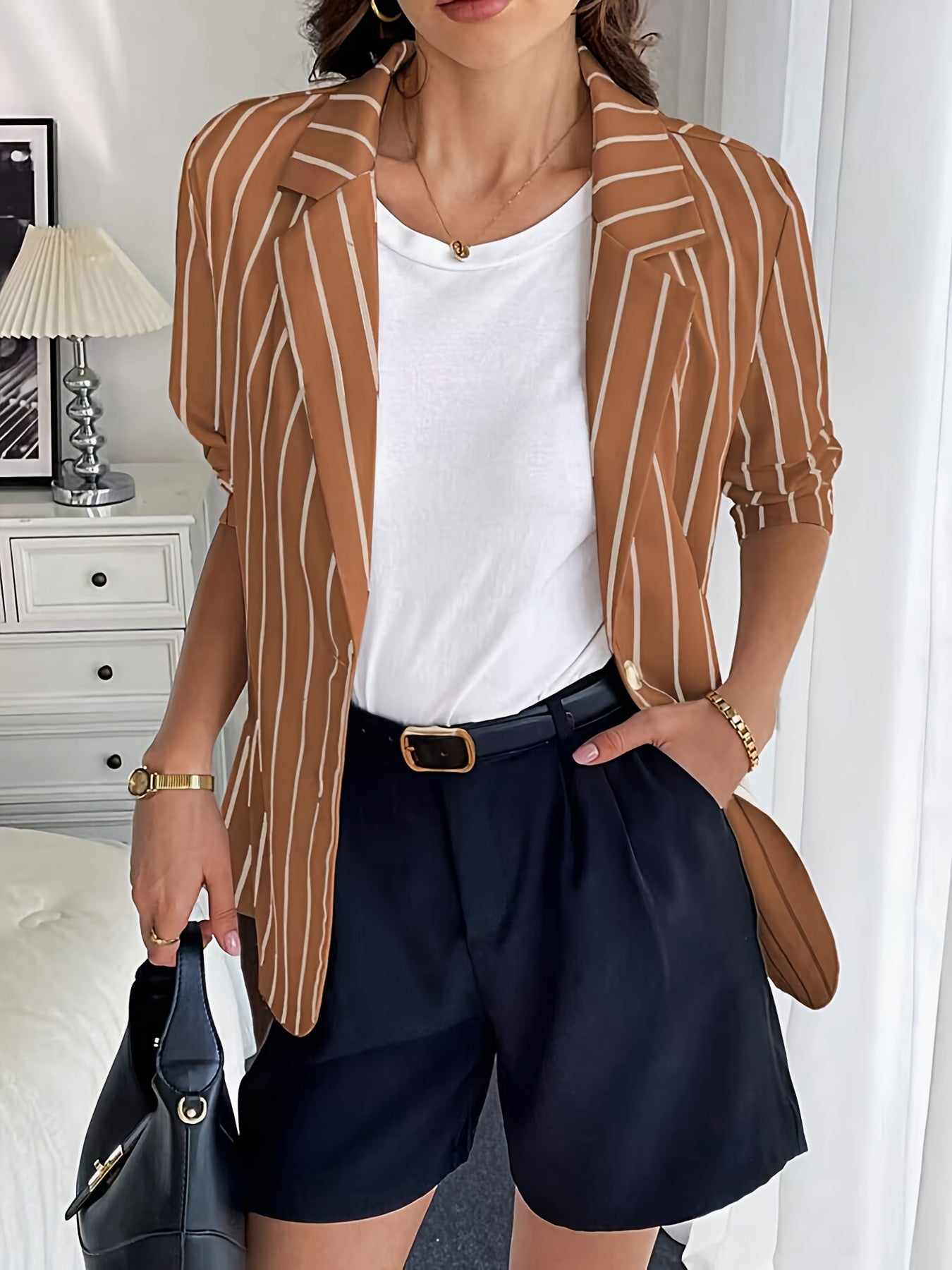 Women's Plus Size Striped Relaxed Suit Jacket for Work and Travel