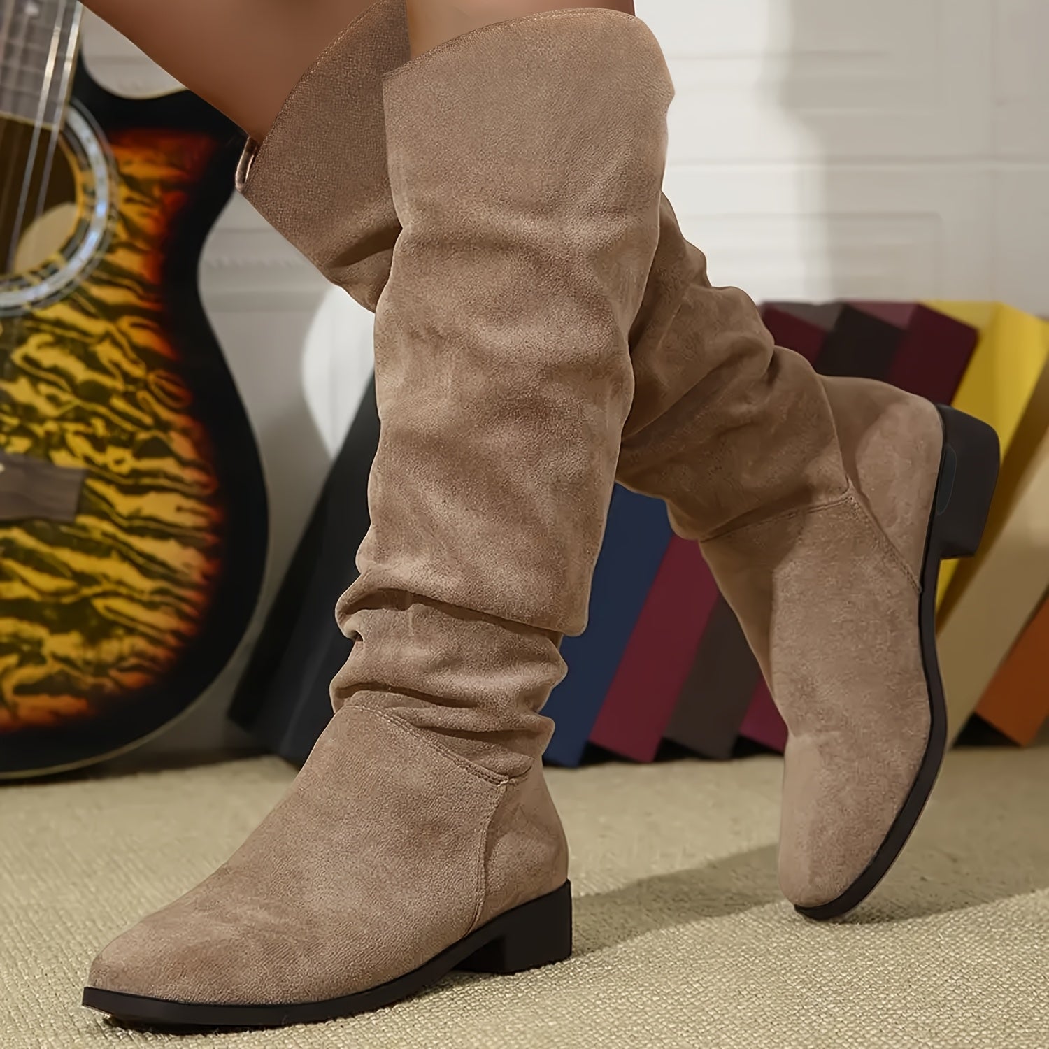 Women's Brown Mid-Calf Boots with Chunky Heel and Pointed Toe