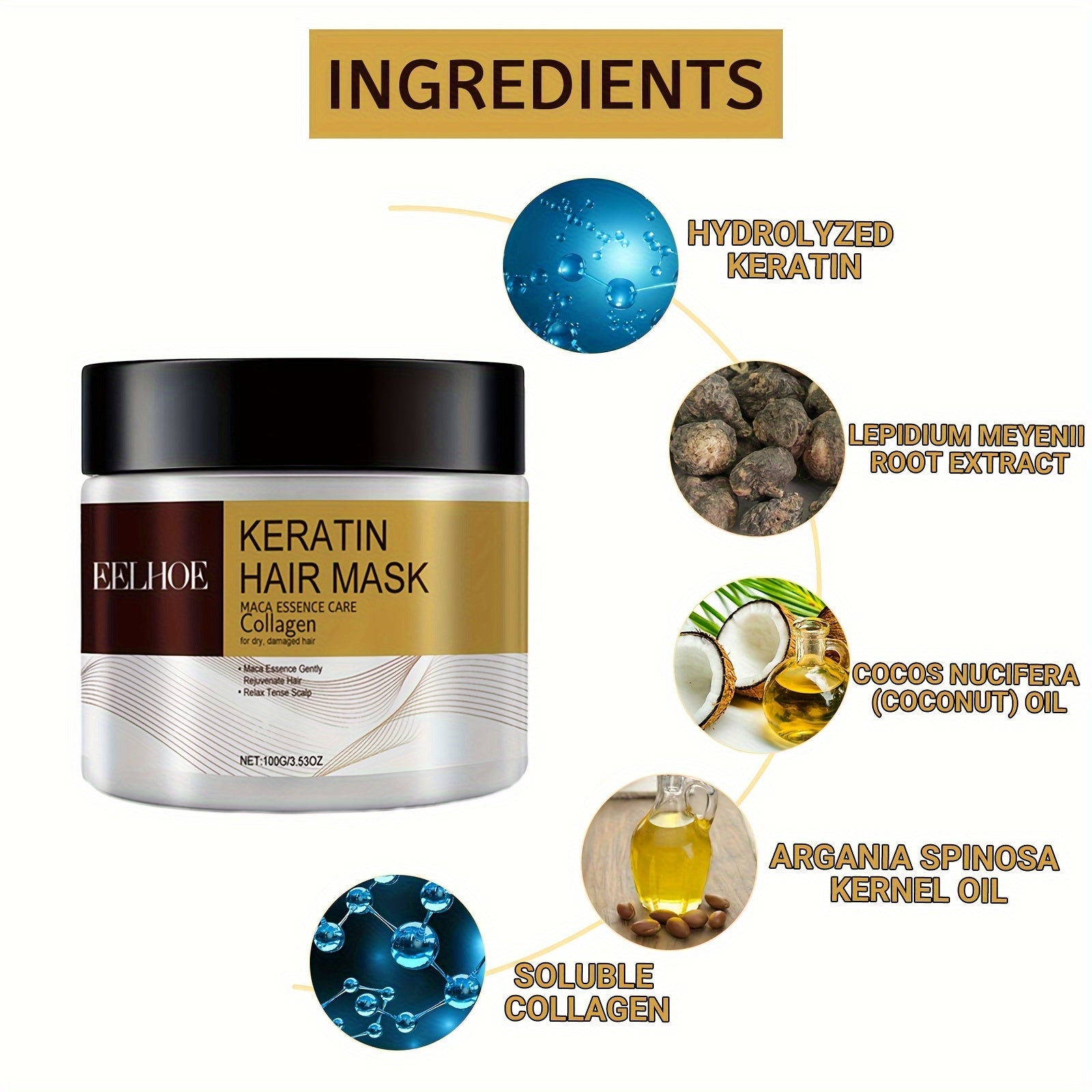 Mascarilla capilar de keratina con aceite de coco, colágeno, hidratante, suave y brillante, 100 g, para todo tipo de cabello