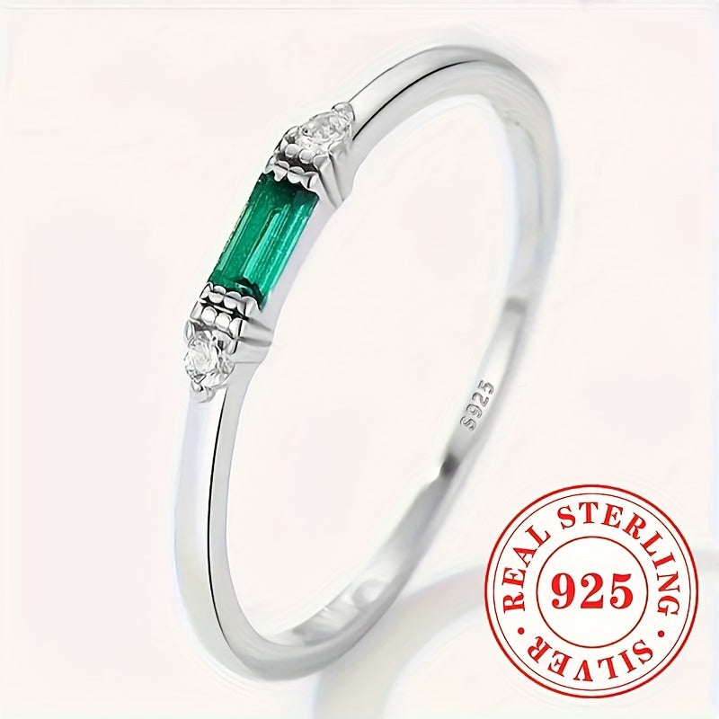 Sterling Silver Ring with Baguette Cubic Zirconia and Green Gemstone for Women