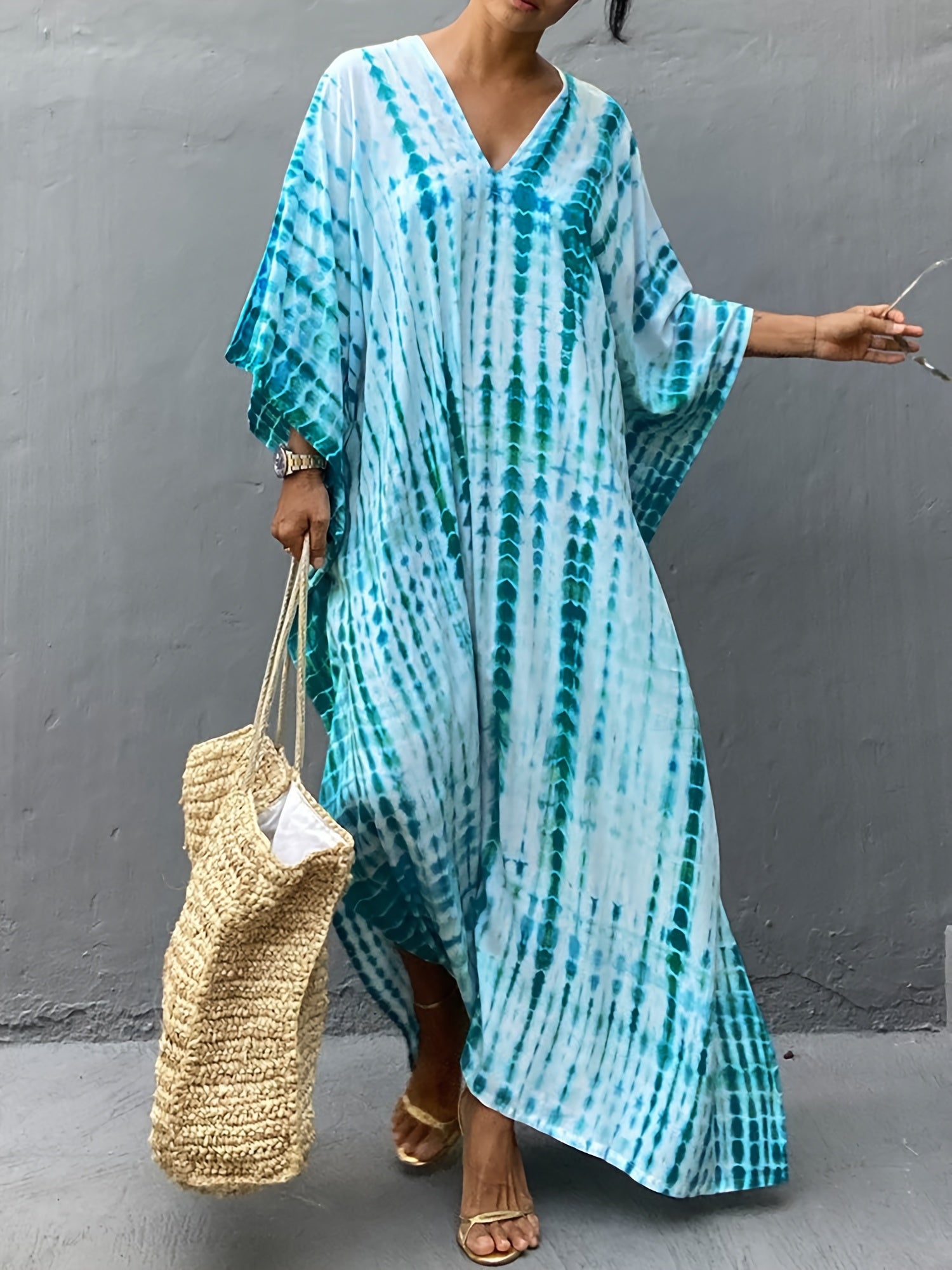 Plus Size Women's V-Neck Kaftan Dress Batwing Sleeve Tie-Dye Viscose