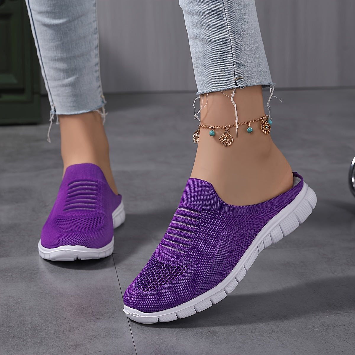 Women's Knit Flat Mules Solid Color Closed Toe Non Slip Casual Shoes