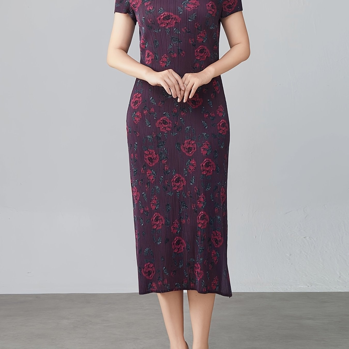 Plus Size Floral Print Qipao Dress Short Sleeve High Stretch Loose Fit Evening Wear