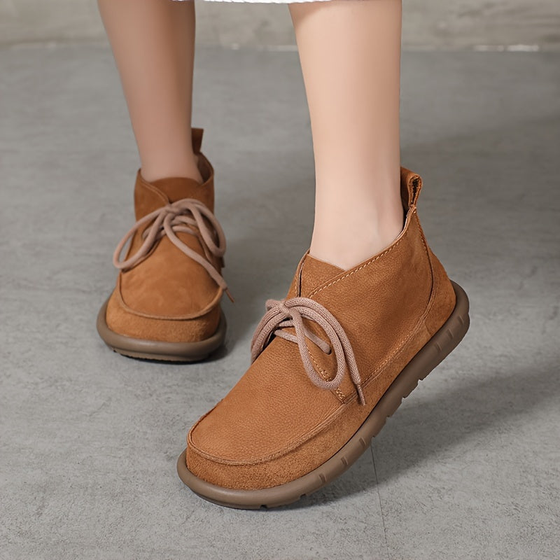 Women Cow Leather Ankle Boots Solid Color Lace-Up Flat Heel All-Season